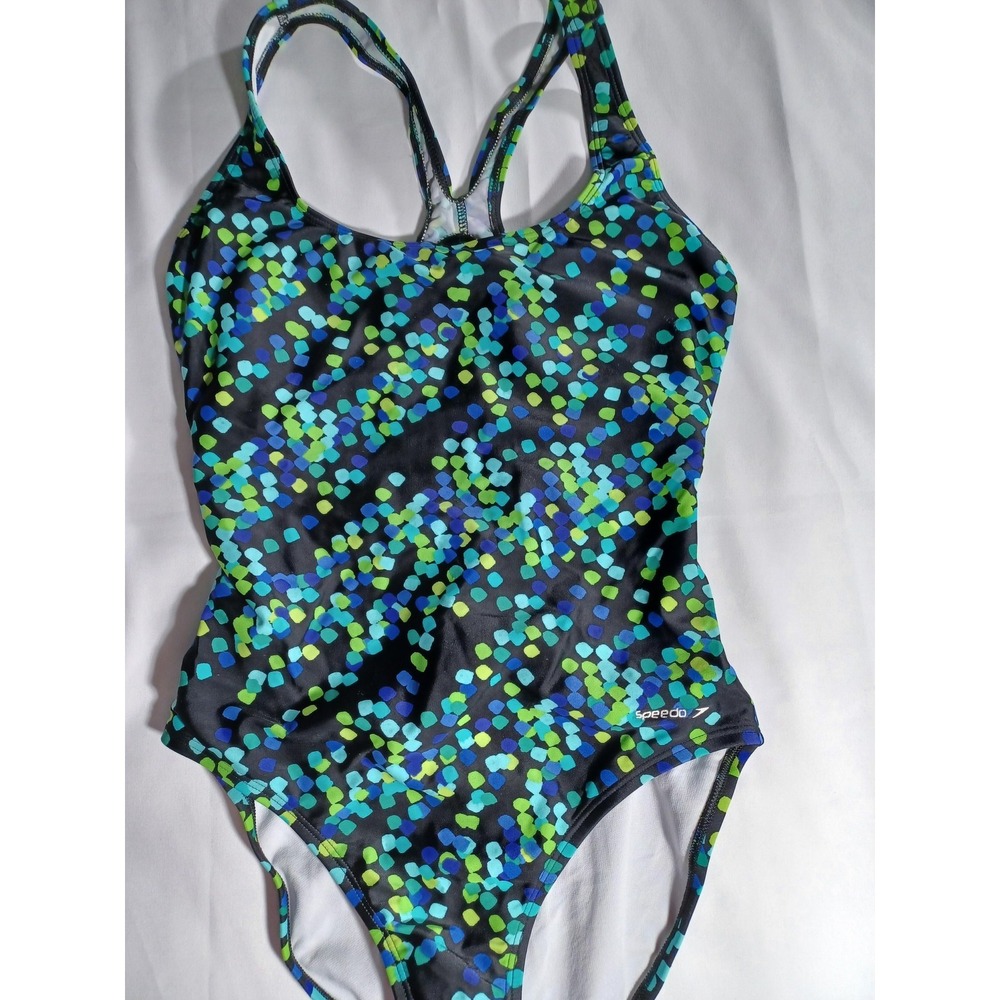 Speedo Swimsuit Womens 8 Black Blue Green One Piece Crossback Swim Print - Picture 2 of 5